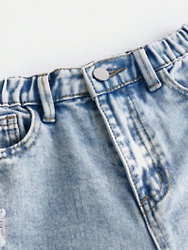 Floerns Jeans feminino com cintura elástica desgastada e rasgada perna reta, Azul pastel, 9 Years