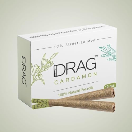 Drag Cardamom, 10x1 Spicy Refreshing Herbal Smokes (1 1/4 Size), Blend of Baby Mugwort Leaves, Himalayan Sage and Cardamom pods, Nicotine Free, Tobacco Free, Relieve Stress and Enhance Your Mood