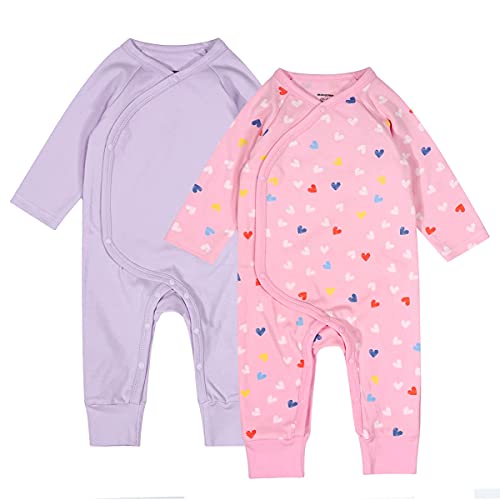 Image of Baby Boys Girls 2 Pack Footless Pajamas Cotton Long Sleeve Printing Soild Color Side Snap Romper Sleeper 3-24 Months (Purple+Heart, 3-6 Months)