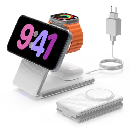 GEEKERA 3 in 1 Kabellose Magnetische Ladestation, Faltbare Ladestation für iPhone 16/15/14/13/12 Pro Max/Plus, Induktive Ladegerät für Apple Watch Ultra/Series 10-5 & AirPods Pro/4/3/2, Weiß