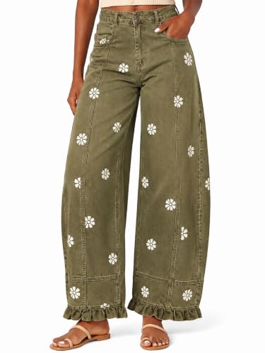Cemssitu Barrel Jeans for Women, Floral Print Wide Leg Denim Pants, Y2K Patchwork Baggy Boyfriend Jeans (Green,M)