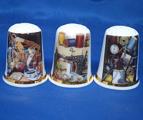 Porcelain China Collectible - Set of Three Thimbles - Sewing Paintings
