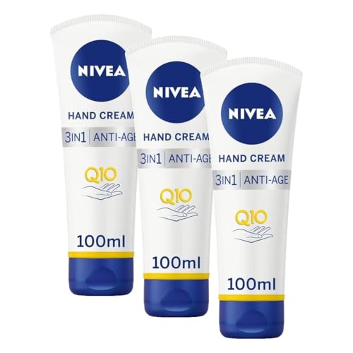 Image of NIVEA 3in1 Q10 Anti-Age Care Hand Cream (100ml), Moisturising Hand Cream Reduces the Appearance of Wrinkles with Q10 and UV Filters, NIVEA Hand Cream for 24 Hour Moisture (Pack of 3)