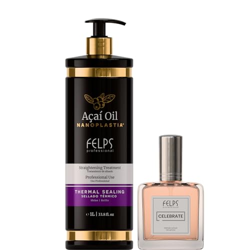 Kit Felps Professional Acai Oil Nanoplastia Hair Straightening Treatment Kit, 33.8 fl oz Thermal Sealing System with Celebrate Hair Perfume, 25mL Blueberry Fragrance