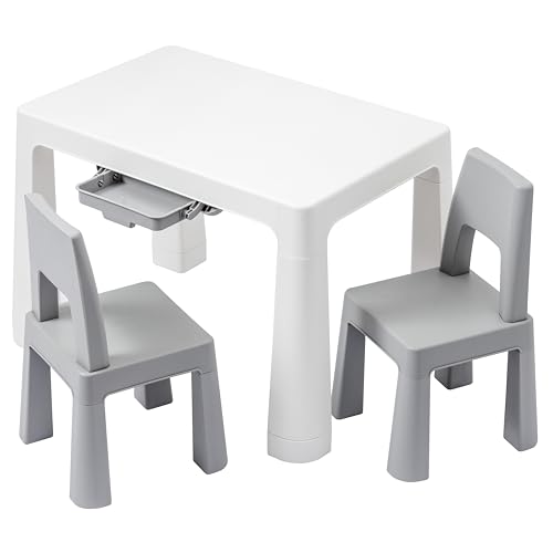 Baroni Toys Juego de Mesa y 2 Sillas de Plástico para Niños para Uso en Interiores y Exteriores, Mesa Blanca con Compartimento Extraíble para Dibujar y Estudiar, 50x77x52 cm