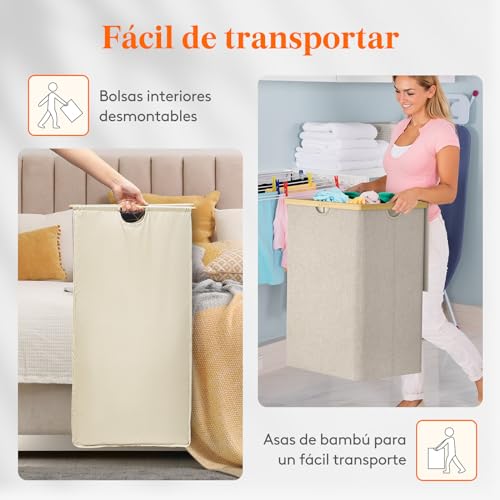 Miniatura 5 de Lifewit 160l Grande Cesto Ropa Sucia Con Tapa De Bambú, Cesta Ropa Sucia Con Asas, Cubo Ropa Sucia Plegable Con 2 Secciones Y Bolsa Lavable Extraíble, Laundry Basket Para Baño, Lavadero, Beige