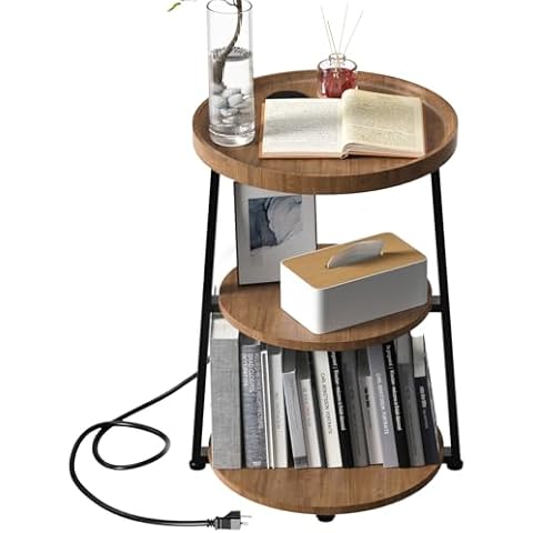 ERFEI Round End Table with Charging Station, 3-Tier Shelves Rustic Brown Wood Texture Side Table, Small Desk Coffee Table for Living Room Bedroom Cover