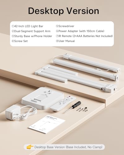 Image of ONEMIX 42 inch LED Desk Lamp for Home Office, Eye-Caring Desk Light with Adjustable 4-Segment Bar, 1800LM Bright, Remote, Architect Table Lamp with Base for Dual Monitors, Reading, Study, Workbench(White)
