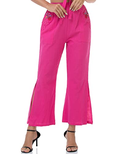 YZXDORWJ Women's Summer Embroidered Casual Cotton Pant Lace Pockets Boho Trousers3
