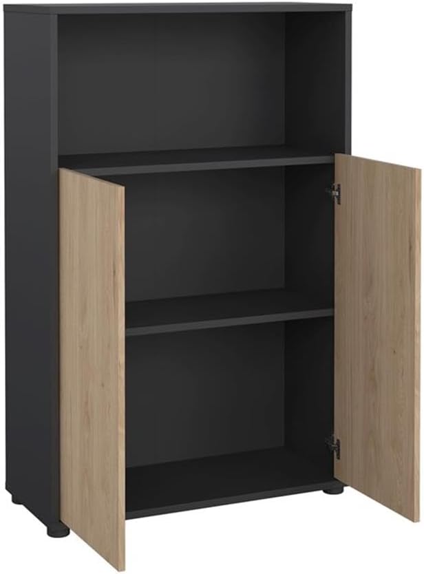 Pemberly Row Set of 2 3-Shelf Adjustable Home Office Bookcases in Black and Oak