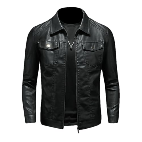 GaoLeAve Veste en cuir à revers pour homme - Automne - Slim - Combinaison d'hiver - En cuir synthétique épais - Imperméable - Manteau de travail, Noir épais, XL