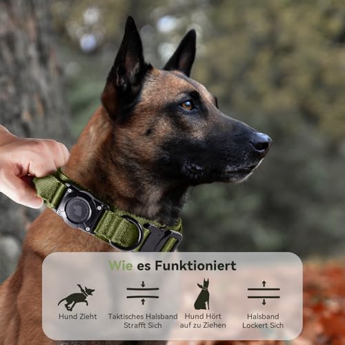 JIARUI Taktisches Hundehalsband mit Griff, Wasserdichter Airtag Hundehalsband, Dickes Verstellbares Halsband Hund mit Gepolstert, Metallschnalle für Mittlere Große Hunde (Grün,M(15'-18.5'))