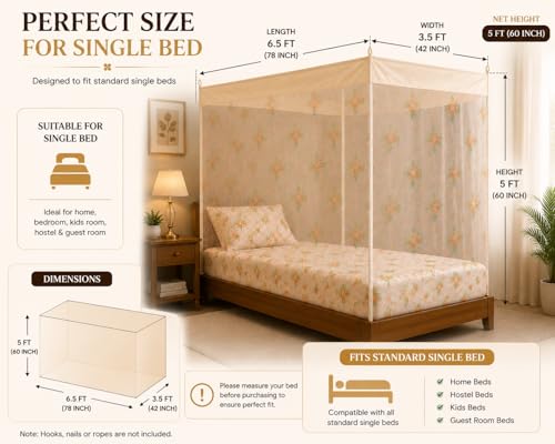 Image of ANS Single Bed Mosquito Net for Bed Floral Print with Cotton Border, Breathable Free Air Flow Mesh, Hanging Mosquito Net for Single Bed, 3.5 x 6.5 ft, Height 5 ft, Cream Floral