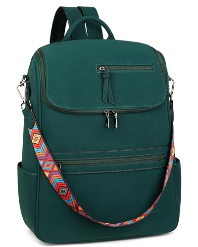FADEON Laptop Backpack for Women Leather Travel Backpack with Laptop Compartment, Designer PU Shoulder Laptop Bag, Dark Green Nubuck Style, 12.7"W*5"D*16"H, Vacation