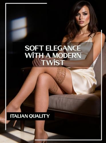 Mila Marutti Nude Fishnet Thigh High Stockings for Women with Lace Top | Dark Tan Fish Net Lingerie Tights - Beige, XL - Thumbnail 4