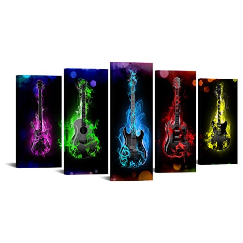 Large 5 Pieces Canvas Prints Fire Burning Eletric Guitar Wall Art Painting Modern Musical Instruments Poster Framed For Living Room Decoration Ready To Hang 60X32Inch (Large) #TOP27