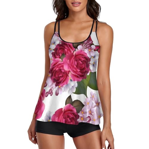 Tankini robe de plage fleur rouge avec short de garçon pour femme