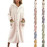 ASFGIMUJ Plush Robe for Women Long Length Fleece Cozy Button Up Hooded Bathrobes Sleepwear Winter Warm Bathrobe with Pockets Beige Medium