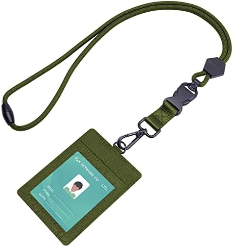 2-Sided ID Badge Holder, Wisdompro 23 inch Heavy Duty Neck Strap Lanyard with 1 Clear ID Window & 2 Credit Card Slot PVC ID Card Holder, Safety Breakaway Detachable Buckle - Vertical Army Green