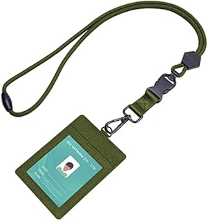 2-Sided ID Badge Holder, Wisdompro 23 inch Heavy Duty Neck Strap Lanyard with 1 Clear ID Window & 2 Credit Card Slot PVC ID Card Holder, Safety Breakaway Detachable Buckle - Vertical Army Green