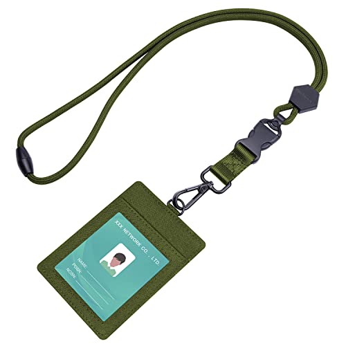 Wisdompro 2-Sided ID Badge Holder, 23 inch Heavy Duty Neck Strap Lanyard with ID Card Holder, Safety Breakaway Detachable Buckle,1 Clear ID Window & 2 Credit Card Slot - Vertical Army Green