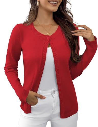 OmicGot Womens Cardigan Sweaters Long Sleeve Casual Lightweight Button Down Bolero Shrug for Dresses Red M