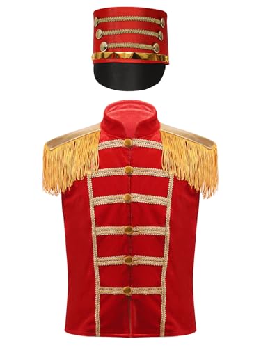 Kids Unisex Circus Showman Drummer Vest Honor Guard Sleeveless Fringe Epaulet Waistcoat with Hat