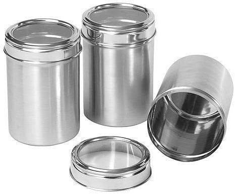 Nobel Set Of 3 Storage Jars Mirror Polished Stainless Steel With Clear Lid - Canisters for Tea, Coffee & Sugar or Dried Food Stuff Size Diameter 9.4 cm, Height 12.5 cm.