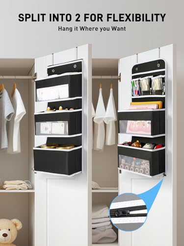 Yecaye 6-Tier Over The Door Storage Organizer, Flexible 1 Split into 2 Swing-Proof Hanging Bathroom Organizer, Bedroom Organizers and Storage for Newborn Baby Essentials, Black