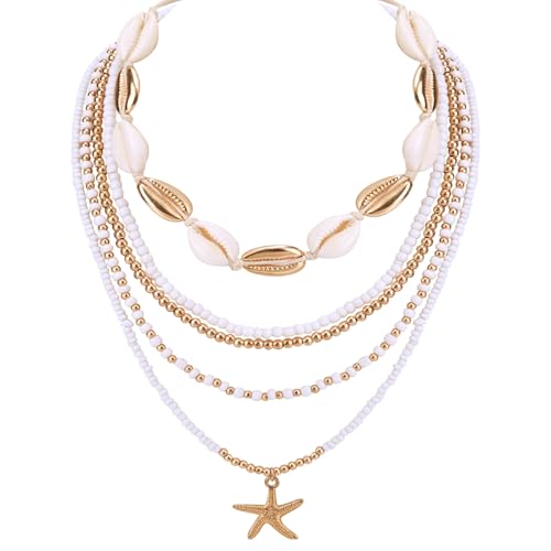 5pcs Summer Beach Necklace, Boho Shell Seashell Starfish Beaded Surfer Necklaces Set for Women Holiday Vacation Party Ocean Friendship Jewelry Gift