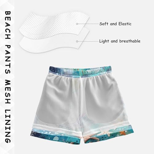 Pigsaly Boys Swim Trunks Blue Mermaid Tail Painting Seashell Starfish Boys Board Shorts Swimsuit Swimwear Bathing Suit S4