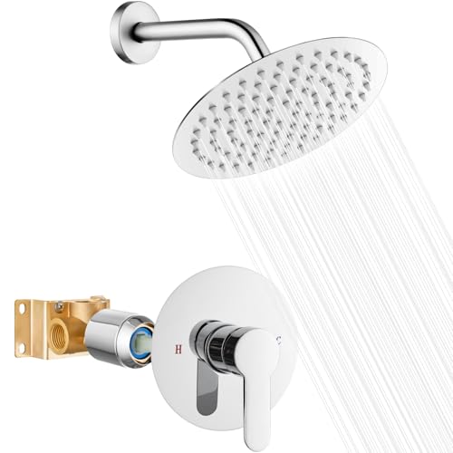 Heyalan 8-Inch Round Rain Shower Faucet Set with Valve Polished Chrome