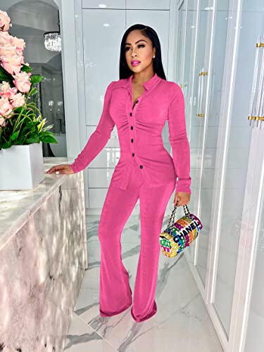 Yidengymx Womens Velour Tracksuit Two Piece Ruched Outfits For Women, Long Sleeve Button Down Shirts Jacket Flared Pants Matching Jogger Set Sportswear Jogging Sweatsuit #TOP5