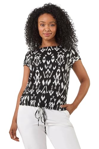 Image of Roman Petite Geo Print Drawstring Stretch Top for Women UK Ladies Spring Everyday Summer Holiday Round Neckline Comfy Short Sleeve Soft Tie Detail Shirt Day Out - Black - Size 16