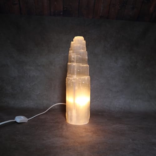 Lampada di selenite marocchina fatta a mano in forme naturali - Disponibile in diverse dimensioni - Autentico cristallo estratto in Marocco per la guarigione e l'arredamento della casa (20 cm)