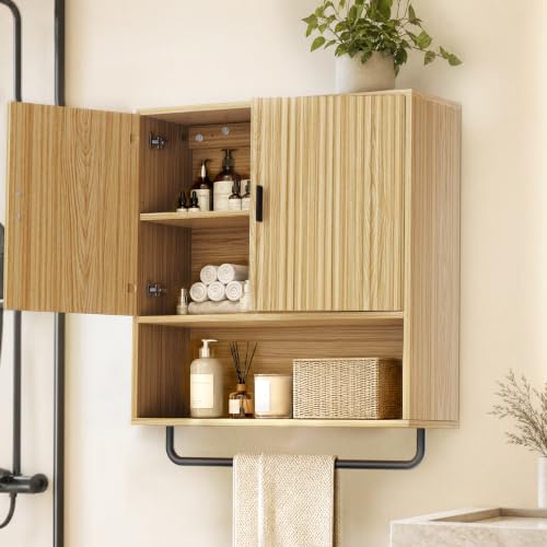 Bathroom Cabinet Wall Mounted: Over The Toilet Storage Cabinet with Adjustable Shelf & Towels Bar – 3-Tier Wood Medicine Cabines Large Space