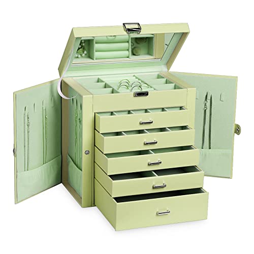 Frebeauty Large Jewelry Box,6-Tier PU Leather Jewelry Organizer with Lock,Multi-functional Storage Case with Mirror,Accessories Holder with 5 Drawers for Necklace Bracelets Watches