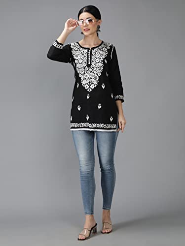 Image of Seva Chikan Hand Embroidered Lucknowi Chikankari Cotton Short Top Tunic for Women SCL9017