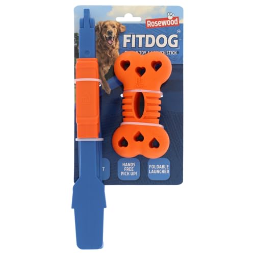 Rosewood FitDog Bone mit Launcher – Robustes Hundespielzeug zum Kauen, Werfen und Apportieren – Schwimmfähig und springend – Kompakter Steck-Launcher – für Land- und Wasserspiele