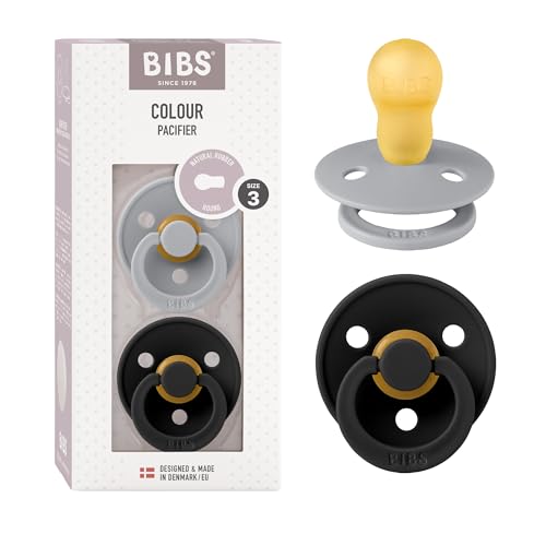 Image of BIBS Pacifiers Colour Collection | Natural Rubber Baby Pacifier | Set of 2 BPA-Free Soothers | Made in Denmark | 18+ Months (Pack of 2) | Cloud /Black