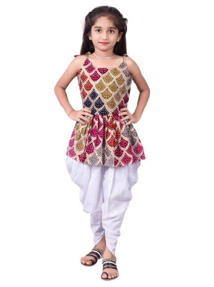 Image of Girls Ethnic Printed Peplum Top and White Dhoti Pant Set | Stylish Sleeveless Kurti with Comfortable Bottom | Traditional Festive Outfit for Kids