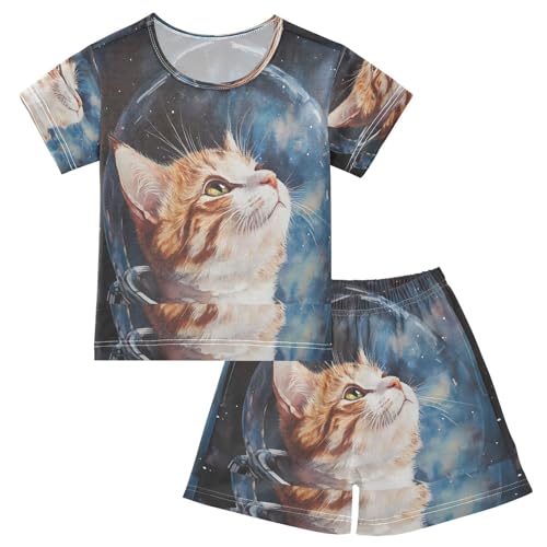 ALAZA Cat Astronaut Watercolor Pajamas Set Short Sleeve Cotton Sleepwear Summer Pjs 2 Piece 5-14Y