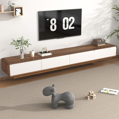 chartustriable 94.5" Minimalist Floating TV Stand for TVs up to 100 Inches, Modern Wall Mounted Media Console with 2 Drawers, Entertainment Center for Living Room, Walnut and White