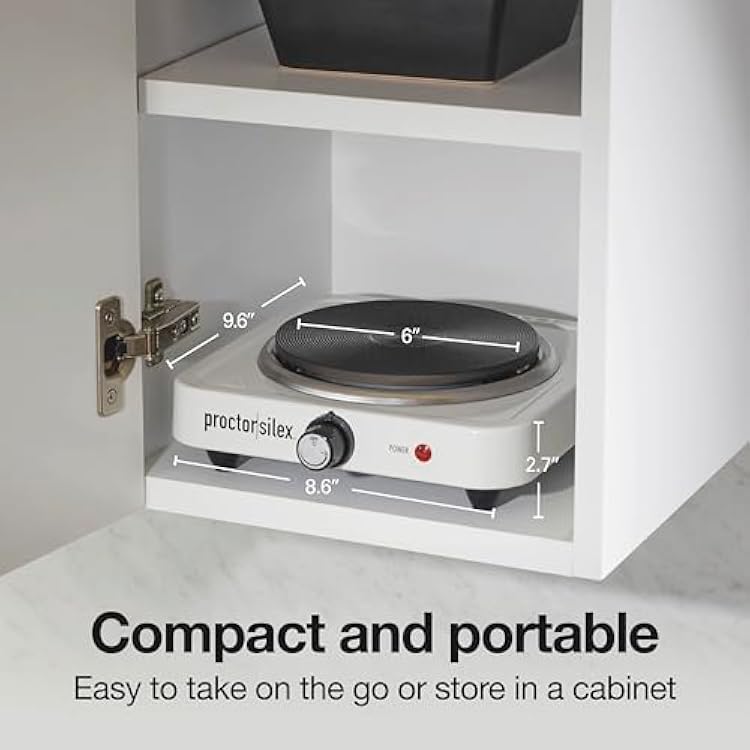 Proctor Silex Portable Electric Stove, Cast Iron Single Burner Cooktop, Compact, Adjustable Temperature Hot Plate, 1000 Watts, White (34107)