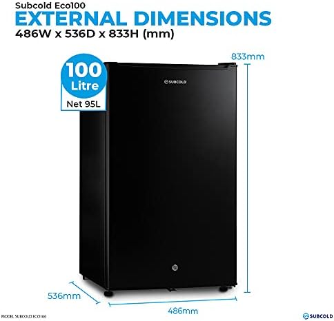 Subcold Eco100 LED Under-Counter Black Fridge | Freestanding Refrigerator | Solid Door with Chiller Box | LED Light + Lock & Key | Energy Efficient (100L, Black)