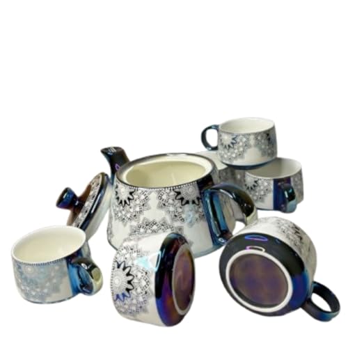 Image of DMRD Porcelain Tea Set with Kettle |Tea Cup Set 7Pc | Aesthetic and Classic Cups Set | Premium Crockery for Home & Gifting with Golden Color Geometric Pattern Design. (Purple)