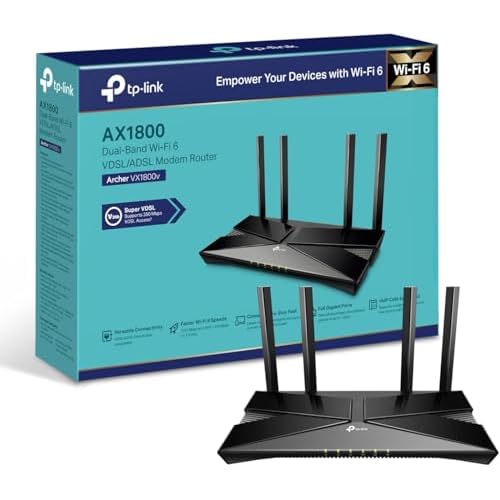 TP-Link Archer VX1800v AX1800Mbps Dual-Band Wi-Fi 6 Gigabit VDSL/ADSL Modem Router, 1201 Mbps/5 GHz, 574 Mbps/2.4 GHz, USB 2.0 For 4G Router Option, 2x 2MU-MIMO, VoIP Support, TP-Link Tether