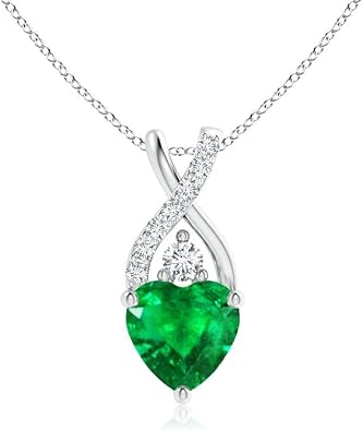 Angara Natural Emerald Pendant for Women | Solitaire Heart Emerald Pendant with Twisted Diamond Bale in 14K Solid Gold/Silver/Platinum With 18" Chain | May Birthday, Gemstone Jewelry Gift