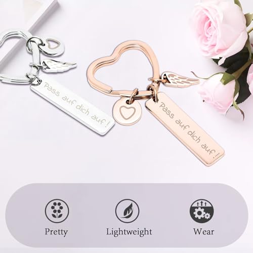 4 Pezzi Portachiavi Set, Regalo Con 2 Colori E Tasche Con Cordoncino, Portafortuna In Acciaio Inossidabile Con Tedesco "Pass Auf Dich Auf!" Con Angelo Custode Per Compleanni, Donne - 3