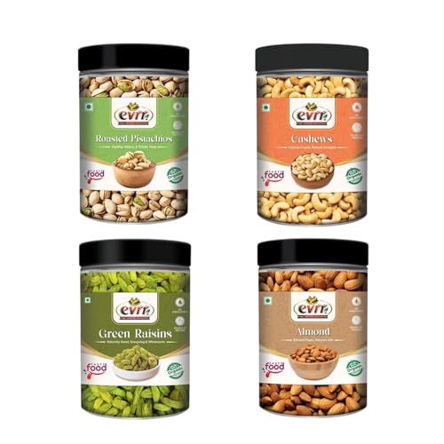 Image of EVRR Dry Fruits Combo- California Almonds | Cashews | Roasted Pistachios | Naturally Sweet Green Raisins Kishmish | Protein-Rich | Crunchy & Fresh | Healthy Snacks for Gifting | 250g Each (Pack of 4)